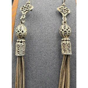 DGS Turkey Sterling Wire Earrings Filigree Tassel  3"   9.7g  Tested Silver